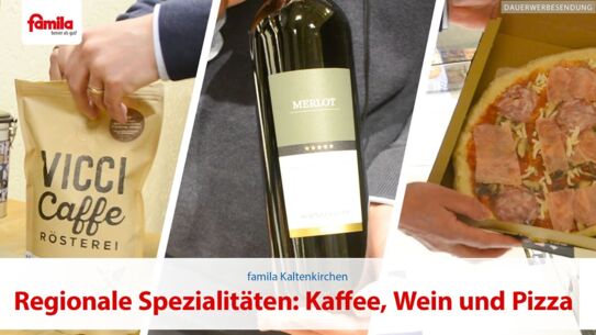 Pizza, Wein und Kaffee aus der Region